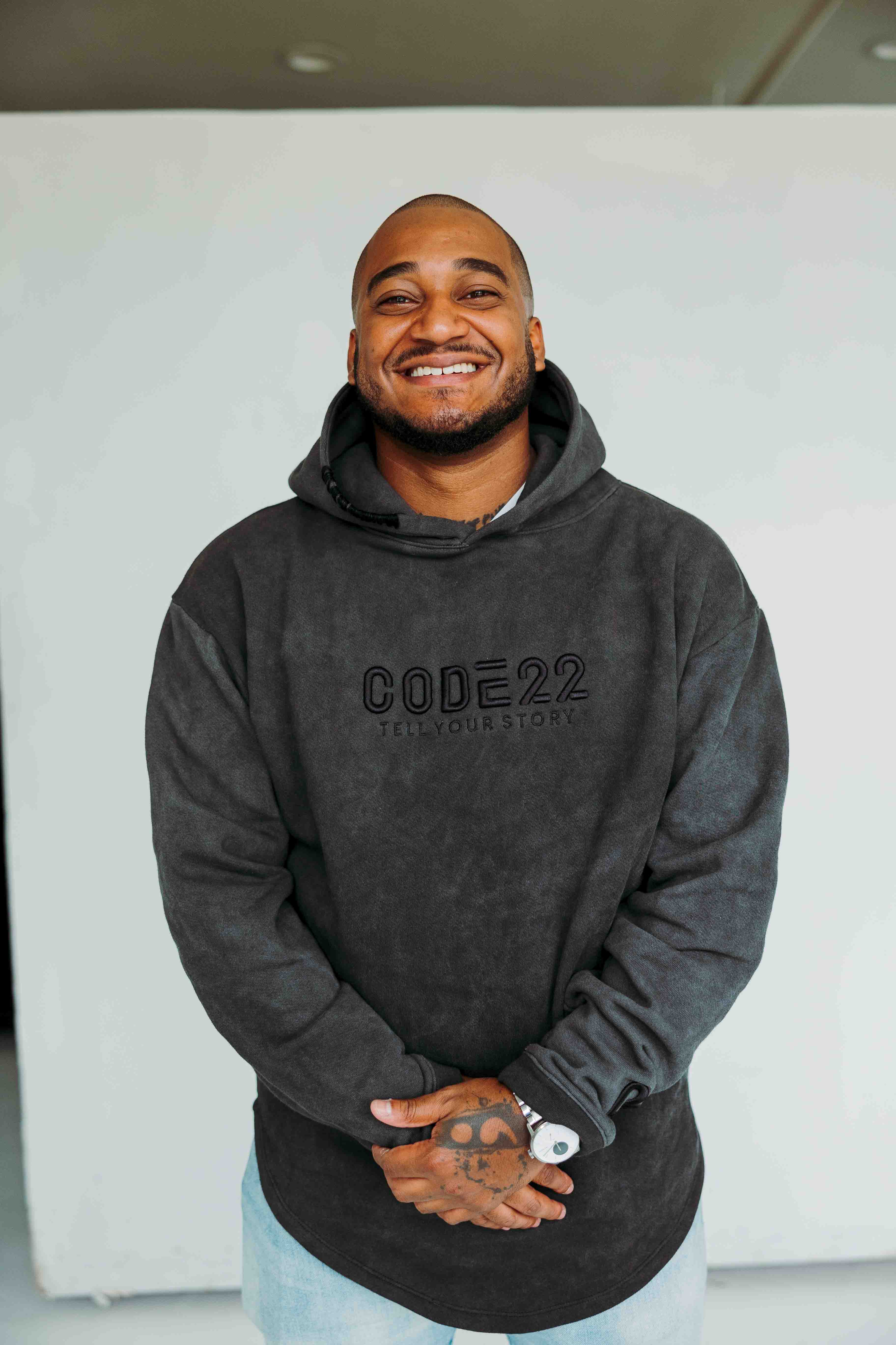Alex wearing Code22 hoodie